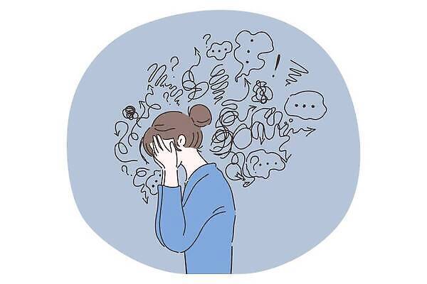 EPS 해외이미지 여자 화살표 말풍선 생각 일러스트 한명 상반신 성인 물음표 느낌표 낙서 두통 얼굴가리기 성인여자한명만 정신건강 해외202309 해외일러스트 1 기호 건강 사람 가림 질병 여자한명만 성인여자만 파일형식 벡터