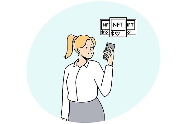 EPS 해외이미지 여자 와이셔츠 일러스트 비즈니스 한명 들기 상반신 성인 스마트폰 달러 하트 토큰 성인여자한명만 NFT 해외202309 해외일러스트 모양 1 셔츠 돈 모션 사람 핸드폰 스마트기기 여자한명만 성인여자만 파일형식 벡터 가상화폐