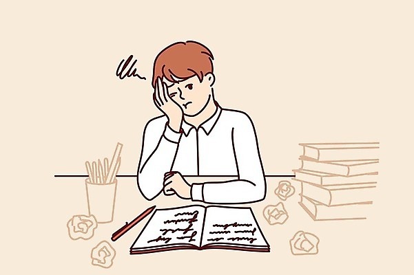 EPS 해외이미지 남자 일러스트 청소년 스트레스 피곤 한명 상반신 책 학습 턱괴기 고민 과제 십대남자한명만 해외202309 해외일러스트 1 교육 감정 컨셉 모션 사람 남자한명만 십대남자만 파일형식 벡터