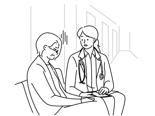 EPS 해외이미지 여자 노년 할머니 일러스트 청진기 성인 두명 진료 환자 의사 질병 고민 돌봄 노화 여자만 해외202309 해외일러스트 감정 컨셉 의학 의료기기 모션 사람 의료진 파일형식 벡터