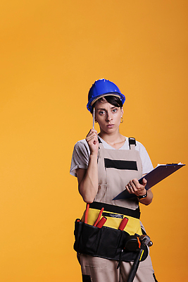 포토 JPG 해외이미지 여자 한명 들기 상반신 성인 앞모습 펜 안전모 건축가 건축업자 서류판 성인여자한명만 해외포토 직업 1 건축 뷰포인트 모션 사람 필기구 사무용품 헬멧 안전장비 여자한명만 성인여자만 파일형식