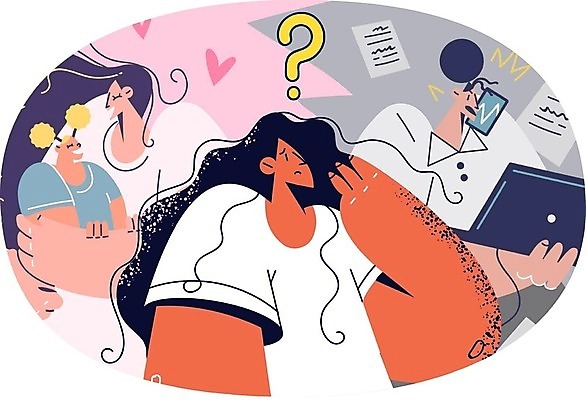 EPS 해외이미지 여자 어린이 생각 일러스트 비즈니스 엄마 여러명 성인 육아 물음표 자녀 업무 비즈니스우먼 비교 선택 고민 워킹맘 돌봄 여자만 해외202309 해외일러스트 기호 감정 다수 컨셉 가족 모션 사람 작업 직장인 파일형식 벡터