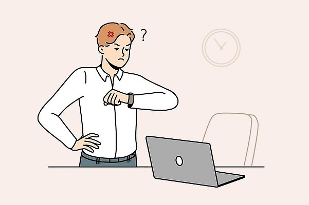 EPS 해외이미지 남자 시계 허리손 의자 일러스트 한명 정장 성인 노트북 분노 비즈니스맨 찡그림 성인남자한명만 해외202309 해외일러스트 1 옷 감정 포즈 가구 비즈니스 표정 사람 전자제품 직장인 남자한명만 성인남자만 파일형식 벡터