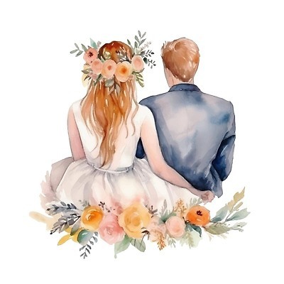 EPS 해외이미지 커플 여자 남자 웨딩드레스 허리손 일러스트 결혼식 정장 상반신 성인 두명 화관 신랑신부 성인만 해외202309 해외일러스트 드레스 옷 꽃 신부_웨딩 포즈 신랑 결혼 관계 사람 파일형식 벡터