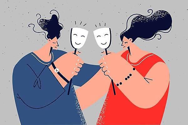 EPS 해외이미지 라이프스타일 부부 여자 남자 일러스트 가면 들기 성인 두명 눈감음 불행 부부싸움 거짓 성인만 해외202309 해외일러스트 커플 모션 사람 생활 싸움 파일형식 벡터