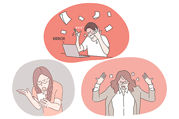 EPS 해외이미지 여자 남자 일러스트 비즈니스 들기 성인 세명 노트북 스마트폰 분노 문서 에러 성인만 해외202309 해외일러스트 감정 모션 사람 전자제품 핸드폰 스마트기기 파일형식 벡터