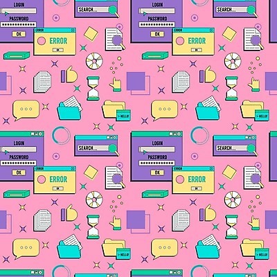 EPS 해외이미지 분홍색 백그라운드 말풍선 패턴 일러스트 돋보기 사람없음 반짝임 CD 모래시계 문서 복고 폴더 커서 따봉 인터넷창 검색창 로그인 에러 키치 Y2K 해외202309 해외일러스트 모래 시계 컬러 컨셉 무늬 인터넷 모션 최고 파일 파일형식 벡터