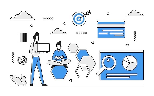 EPS 해외이미지 전신 남자 일러스트 비즈니스 그래프 성인 두명 파란색 디지털 정보 업무 신용카드 스마트 분석 온라인 경영 데이터베이스 인터페이스 해외202310 해외일러스트 컬러 컨셉 사람 금융 작업 파일형식 벡터