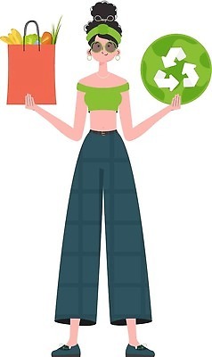 EPS 해외이미지 전신 여자 일러스트 한명 들기 성인 쇼핑백 재활용 보호 심볼 에코 친환경 성인여자한명만 해외202309 해외일러스트 1 컨셉 가방 모션 사람 환경 여자한명만 성인여자만 파일형식 벡터