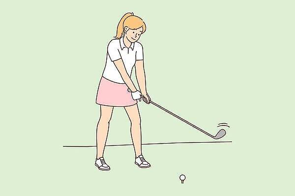 EPS 해외이미지 전신 여자 골프 일러스트 골프공 한명 성인 취미 운동 골프채 스윙 골프티 성인여자한명만 해외202309 해외일러스트 1 포즈 공 골프용품 건강 사람 구기 여자한명만 성인여자만 파일형식 벡터