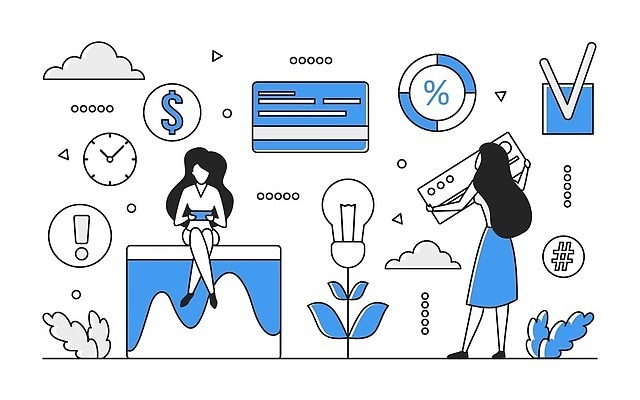 EPS 해외이미지 전신 여자 일러스트 비즈니스 성인 두명 파란색 디지털 정보 업무 신용카드 스마트 분석 확인 온라인 경영 데이터베이스 인터페이스 해외202310 해외일러스트 컬러 컨셉 사람 금융 작업 파일형식 벡터