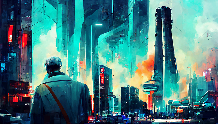 포토 JPG 해외이미지 남자 미래 한명 빌딩 성인 사람없음 건물 도시 네온 유화 성인남자한명만 사이버펑크 해외202309 해외포토 1 건축물 컨셉 미술 사람 남자한명만 성인남자만 파일형식 SF