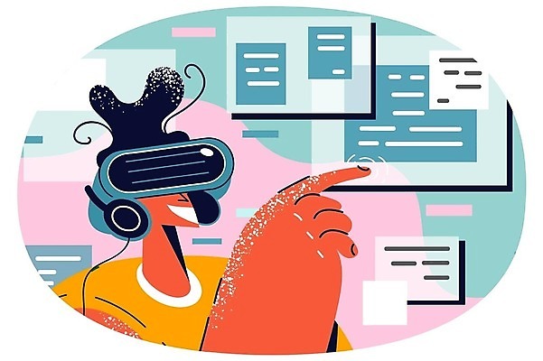 EPS 해외이미지 라이프스타일 여자 일러스트 한명 상반신 성인 디지털 스크린 자료 터치 정보 스마트 문서 성인여자한명만 VR기기 해외202309 해외일러스트 1 컨셉 사람 생활 기계 가상현실 여자한명만 성인여자만 파일형식 벡터