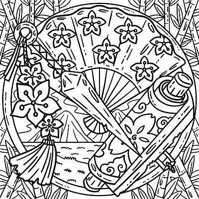 EPS 해외이미지 디자인 실루엣 어린이 선 컬러 백그라운드 일러스트 그래픽 일본 부채 두루마리 그림 윤곽 손그림 페이지 전사 걸음마 닌자 색칠공부 벡터 해외202309 해외일러스트 아시아 모션 촬영기법 사람 학습 색칠 파일형식