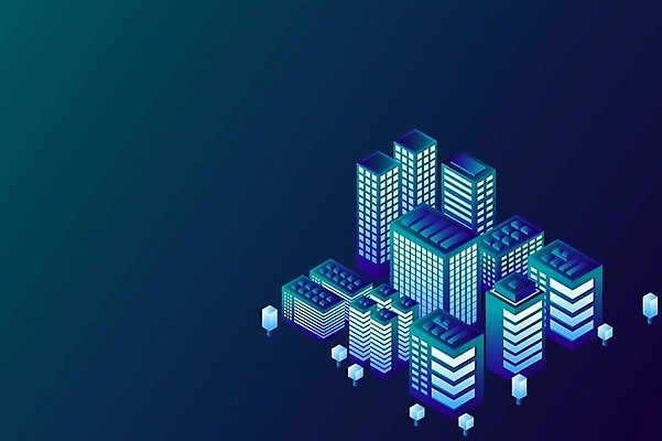 EPS 해외이미지 백그라운드 일러스트 빌딩 사람없음 건물 파란색 도시 네온 그라데이션 아이소메트릭 해외202309 해외일러스트 건축물 컬러 파일형식 벡터