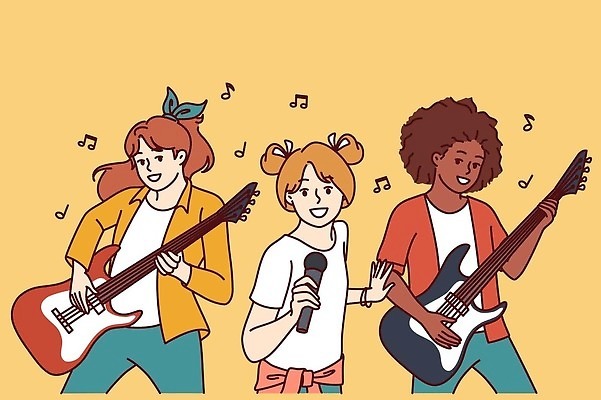 EPS 해외이미지 여학생 여자 일러스트 노래 청소년 서기 들기 상반신 10대 세명 공연 가수 기타 마이크 십대여자만 해외202309 해외일러스트 학생 음악 음향기기 모션 현악기 사람 이벤트 음악가 여자만 십대만 파일형식 벡터