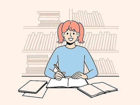 EPS 해외이미지 여자 교육 일러스트 청소년 책장 한명 상반신 책 연필 도서관 과제 십대여자한명만 해외202309 해외일러스트 1 가구 학용품 사람 필기구 여자한명만 십대여자만 파일형식 벡터