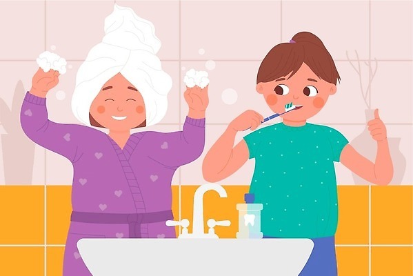 EPS 해외이미지 여자 어린이라이프 어린이 일러스트 들기 상반신 두명 양치 씻기 칫솔 세면대 따봉 소녀만 해외202309 해외일러스트 라이프스타일 모션 사람 위생용품 청결 최고 여자만 어린이만 파일형식 벡터