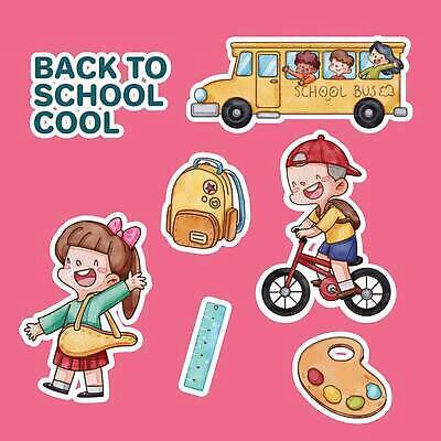 EPS 해외이미지 전신 학생 교육 행복 어린이 스티커 학교 수업 버스 책가방 자 소년 여러명 손들기 걷기 자전거 물감 승차 어린이만 해외202309 해외일러스트 남자 감정 육상교통 다수 가방 모션 문구용품 대중교통 사람 바이크 미술도구 파일형식 벡터