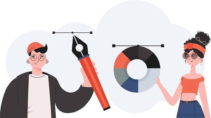 EPS 해외이미지 여자 교육 남자 일러스트 들기 상반신 성인 두명 학습 만년필 원형 스마트 원그래프 성인만 해외202309 해외일러스트 도형 컨셉 모션 그래프 사람 펜 파일형식 벡터