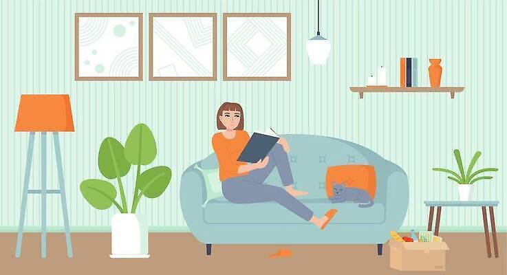 EPS 해외이미지 식물 캐릭터 라이프스타일 디자인 여자 교육 행복 가구 컨셉 일러스트 베개 휴식 아파트 주택 실내 사람 앉기 내부 장식 책 학습 소파 독서 고양이 방 램프 플랫 주식 만화 그림 리빙 혼자 벡터 코로나바이러스 안락 해외202309 해외일러스트 일러캐릭터 감정 생활용품 의자 포유류 침구 모션 조명 건물 생활 금융 반려동물 바이러스 파일형식