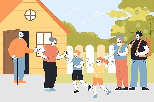 EPS 해외이미지 여자 할아버지 노년 남자 할머니 어린이 가방 일러스트 가족 주택 함께함 소년 여러명 성인 달리기 초대 환영 사과나무 해외202309 해외일러스트 나무 잡화 다수 컨셉 관계 모션 사람 건물 사과 파일형식 벡터