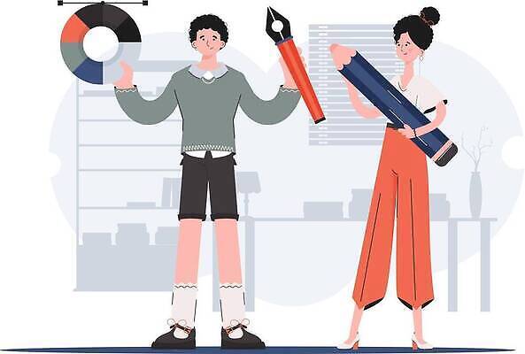 EPS 해외이미지 전신 여자 교육 남자 일러스트 들기 성인 두명 학습 연필 만년필 원형 스마트 원그래프 성인만 해외202309 해외일러스트 도형 컨셉 모션 그래프 학용품 사람 필기구 펜 파일형식 벡터