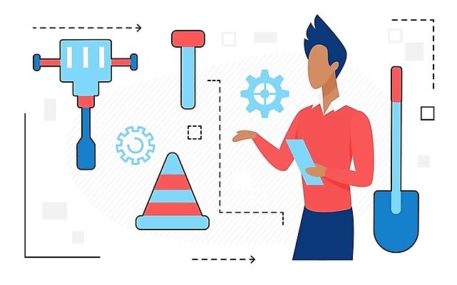 EPS 해외이미지 남자 건축 일러스트 한명 들기 상반신 성인 굴착기 삽 칼라콘 성인남자한명만 해외202309 해외일러스트 1 모션 사람 중장비 안전장비 남자한명만 성인남자만 파일형식 벡터