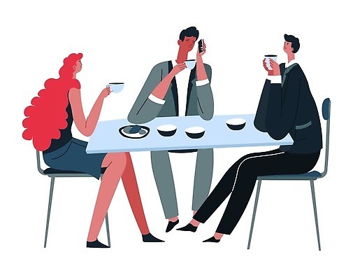 EPS 해외이미지 전신 접시 여자 남자 의자 일러스트 비즈니스 식탁 들기 성인 세명 스마트폰 커피잔 통화 성인만 해외202309 해외일러스트 식기 커피 가구 모션 탁자 잔 사람 핸드폰 스마트기기 파일형식 벡터