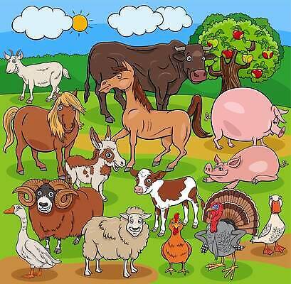 EPS 해외이미지 나무 일러스트 하늘 염소 오리 사람없음 세트 태양 닭 양 말_동물 돼지 소 사과 거위 당나귀 칠면조 해외202309 해외일러스트 자연요소 식물 과일 포유류 조류 파일형식 벡터