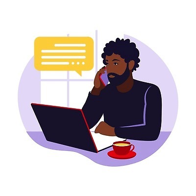 EPS 해외이미지 남자 말풍선 일러스트 비즈니스 한명 상반신 성인 노트북 커피잔 통화 재택근무 성인남자한명만 해외202309 해외일러스트 1 커피 모션 잔 사람 전자제품 남자한명만 성인남자만 파일형식 벡터