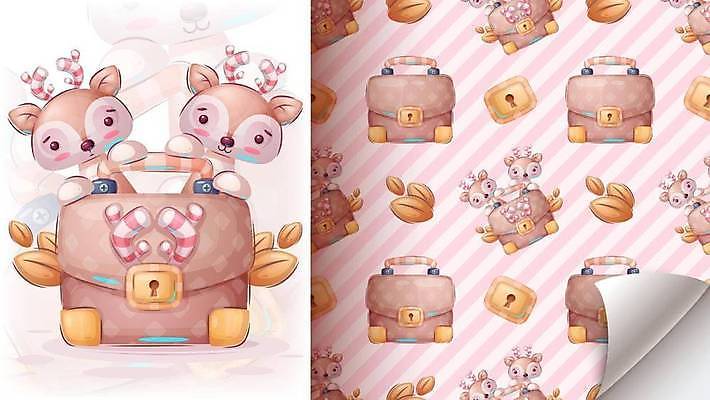 EPS 해외이미지 잎 패턴 가방 일러스트 사람없음 귀여움 잠금 사슴캐릭터 해외202309 해외일러스트 식물 잡화 동물캐릭터 컨셉 무늬 사슴 보안 파일형식 벡터