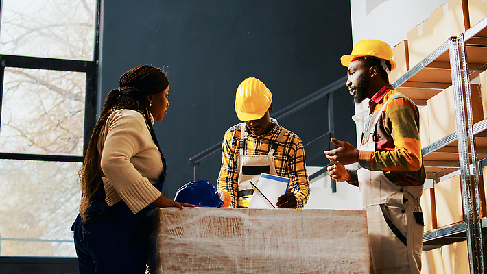 포토 JPG 해외이미지 여자 남자 흑인 노동자 실내 상반신 성인 앞모습 옆모습 세명 상자 작업 안전모 물류창고 성인만 해외202309 해외포토 서양인 직업 뷰포인트 사람 내부 헬멧 안전장비 창고 파일형식