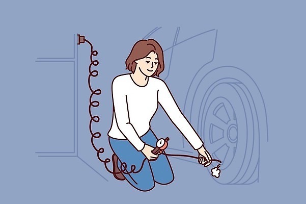 EPS 해외이미지 전신 여자 일러스트 자동차 한명 성인 공구 수리 무릎꿇기 타이어 성인여자한명만 해외202309 해외일러스트 1 육상교통 모션 사람 도구 여자한명만 성인여자만 파일형식 벡터