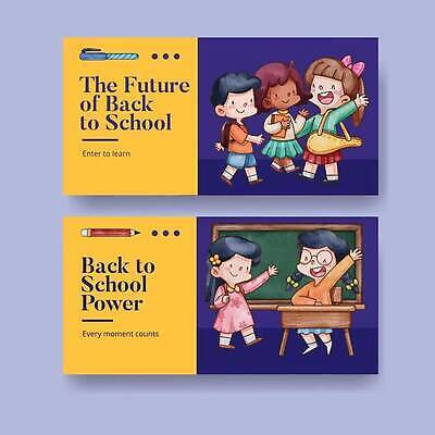 EPS 해외이미지 가로배너 어린이 가방 일러스트 학교 소년 여러명 책 손들기 칠판 책상 어린이만 해외202309 해외일러스트 배너 잡화 교육 남자 가구 다수 모션 사람 가로 파일형식 벡터