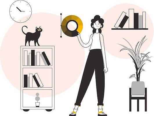 EPS 해외이미지 전신 식물 여자 화분 시계 일러스트 책장 선반 한명 서기 들기 성인 책 노란색 검은색 원형 작업실 라인아트 컬러리스트 성인여자한명만 반려묘 해외202309 해외일러스트 컬러칩 도형 직업 1 선 컬러 가구 모션 사람 반려동물 고양이 여자한명만 성인여자만 파일형식 벡터