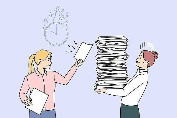 EPS 해외이미지 여자 일러스트 비즈니스 스트레스 직장 피곤 성인 두명 쌓기 업무 비즈니스우먼 문서 바쁨 과로 성인여자만 해외202309 해외일러스트 컨셉 회사 모션 사람 작업 직장인 여자만 성인만 파일형식 벡터