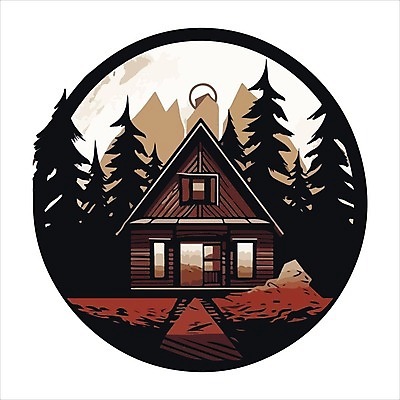 EPS 해외이미지 나무 일러스트 사람없음 검은색 원형 숲속 오두막 심볼 해외202309 해외일러스트 도형 식물 컬러 숲 파일형식 벡터