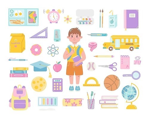 EPS 해외이미지 무료이미지 학생 어린이교육 교육 남자 일러스트 학교 문구용품 소년 책 스터디 세트 스쿨버스 오브젝트 벡터 해외202309 해외일러스트 일러캐릭터 캐릭터 어린이 버스 사람 학습 파일형식 무료콘텐츠