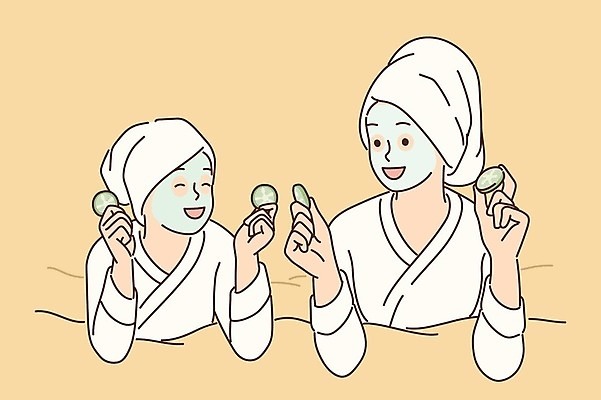 EPS 해외이미지 라이프스타일 여자 딸 어린이 엎드리기 일러스트 엄마 상반신 성인 두명 수건 노란색 마주보기 기쁨 목욕가운 팩 여자만 해외일러스트 감정 컬러 가족 모션 사람 생활 위생용품 화장품 가운 파일형식 벡터