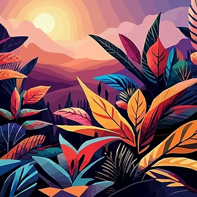EPS 해외이미지 백그라운드 잎 일러스트 추상 미술 사람없음 일몰 보테니컬아트 트로피컬아트 해외202309 해외일러스트 식물 무늬 문화예술 노을 그림 파일형식 벡터