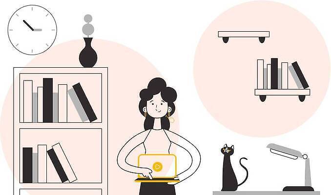 EPS 해외이미지 여자 화분 시계 일러스트 책장 선반 한명 들기 상반신 성인 책 노트북 노란색 검은색 스탠드 작업실 누름 라인아트 재생 플레이 성인여자한명만 반려묘 해외202309 해외일러스트 1 선 컬러 가구 모션 조명 사람 전자제품 반려동물 고양이 여자한명만 성인여자만 파일형식 벡터