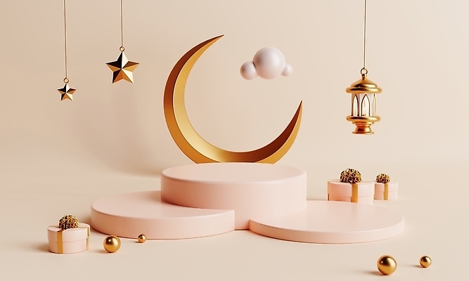 포토 JPG 해외이미지 별 사람없음 선물상자 공간 랜턴 원형 황금 초승달 오브젝트 단상 베이지색 아라비안 포디움 해외202309 해외포토 자연요소 도형 컬러 조명 선물 상자 무대 달 파일형식