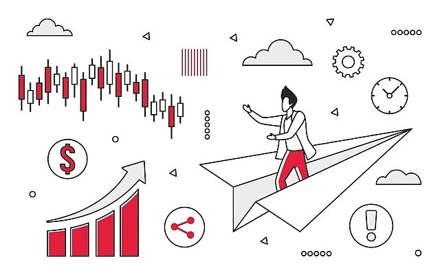 EPS 해외이미지 남자 화살표 시계 일러스트 비즈니스 그래프 한명 성인 빨간색 비행 주식 손내밀기 종이비행기 상승 성인남자한명만 해외202309 해외일러스트 1 컬러 컨셉 사람 손짓 금융 종이접기 남자한명만 성인남자만 파일형식 벡터