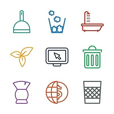 EPS 해외이미지 잎 일러스트 욕조 사람없음 컬러풀 지구본 모니터 쓰레기통 빗자루 심볼 오브젝트 커서 해외202309 해외일러스트 식물 컬러 컴퓨터 청소도구 파일형식 벡터