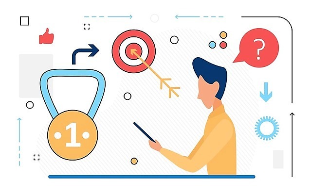 EPS 해외이미지 남자 화살표 일러스트 비즈니스 성공 한명 상반신 성인 과녁판 목표 메달 성인남자한명만 해외202309 해외일러스트 1 컨셉 사람 상_상패 남자한명만 성인남자만 파일형식 벡터