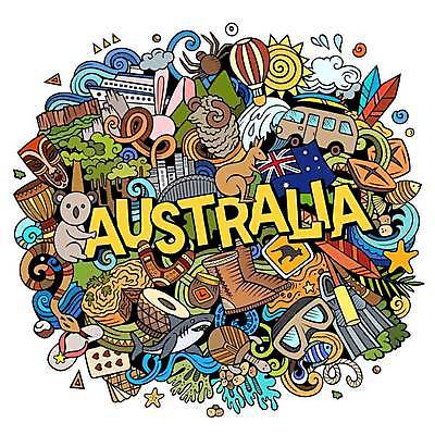 EPS 해외이미지 일러스트 자동차 사람없음 태양 열기구 양 호주 낙서 가득함 북 상어 캥거루 코알라 호주국기 레터링 해외202309 해외일러스트 자연요소 육상교통 포유류 항공교통 타악기 어류 오세아니아 국기 파일형식 벡터