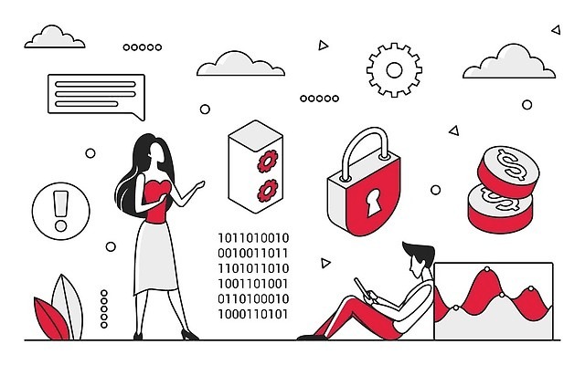 EPS 해외이미지 전신 여자 남자 일러스트 비즈니스 자물쇠 서기 앉기 성인 두명 빨간색 기댐 자료 톱니바퀴 서버 이진수 성인만 해외202309 해외일러스트 컬러 모션 사람 파일형식 벡터