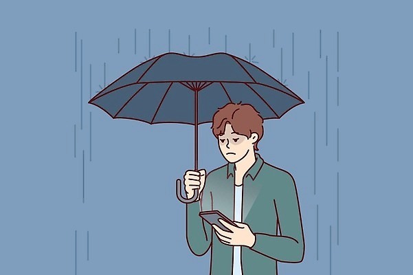 EPS 해외이미지 응시 남자 일러스트 우산 한명 들기 스마트폰 핸드폰 비 우울감 우울증 성인남자한명만 해외202309 해외일러스트 자연요소 1 시선 감정 모션 날씨 사람 전자제품 스마트기기 질병 남자한명만 성인남자만 파일형식 벡터