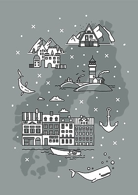 EPS 해외이미지 동물 전통 유럽 문화 어린이 여행 지도 겨울 일러스트 자연 산 등대 덴마크 노르웨이 아이슬란드 어류 여러명 건물 목재 강 세트 도시 보트 낙서 스케치 심볼 고래 오브젝트 그림 기념품 손그림 북쪽 타운 닻 구명용품 스칸디나비아 전국 벡터 해외202309 해외일러스트 나무 건축물 계절 나라 다수 배_교통 재료 포유류 북유럽 미술 사람 수중동물 안전장비 방향 생태계 파일형식